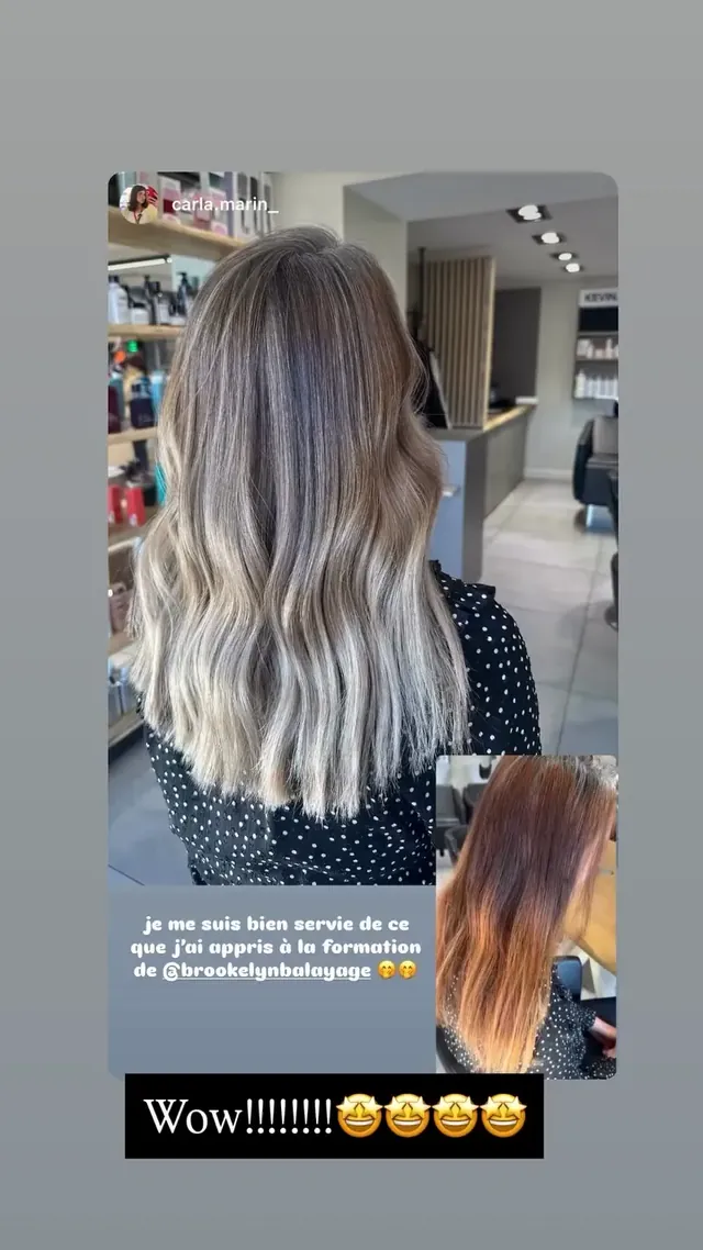 Balayage SunKissed AirTouch réalisé par une élève en autonomie après l'atelier