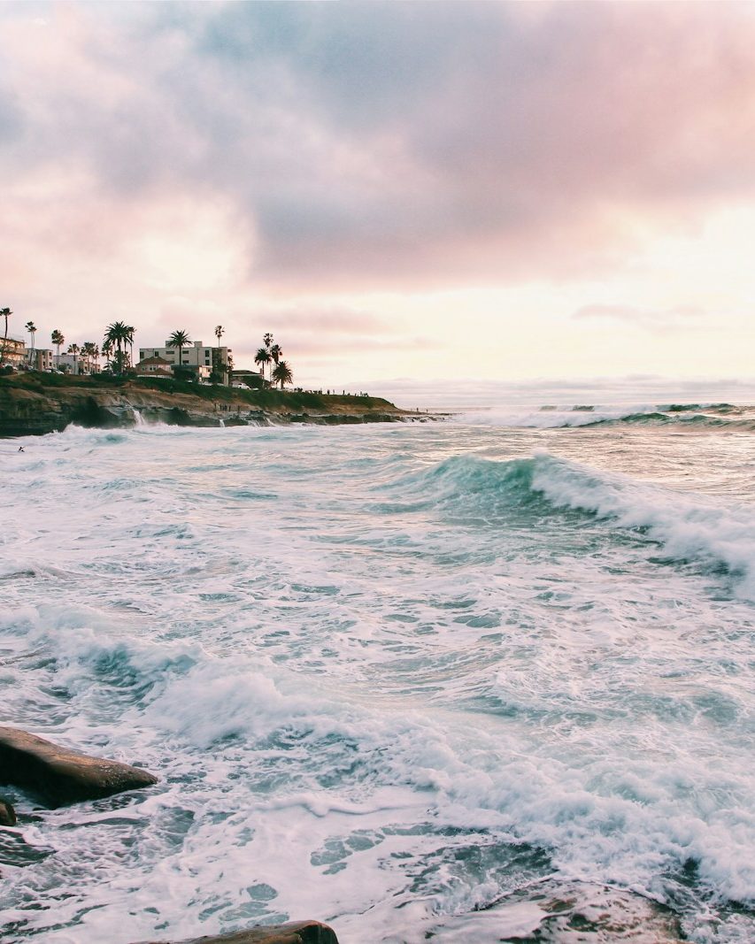 Côte de San Diego en Californie au coucher du soleil, vagues et palmiers